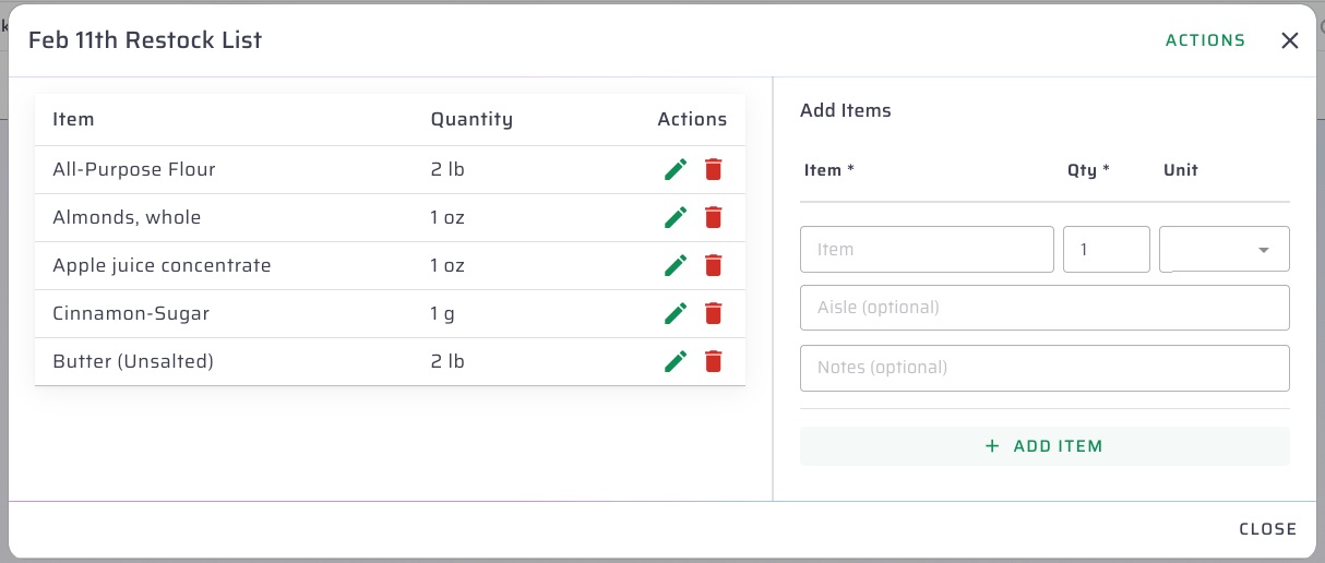 Editing a restock list