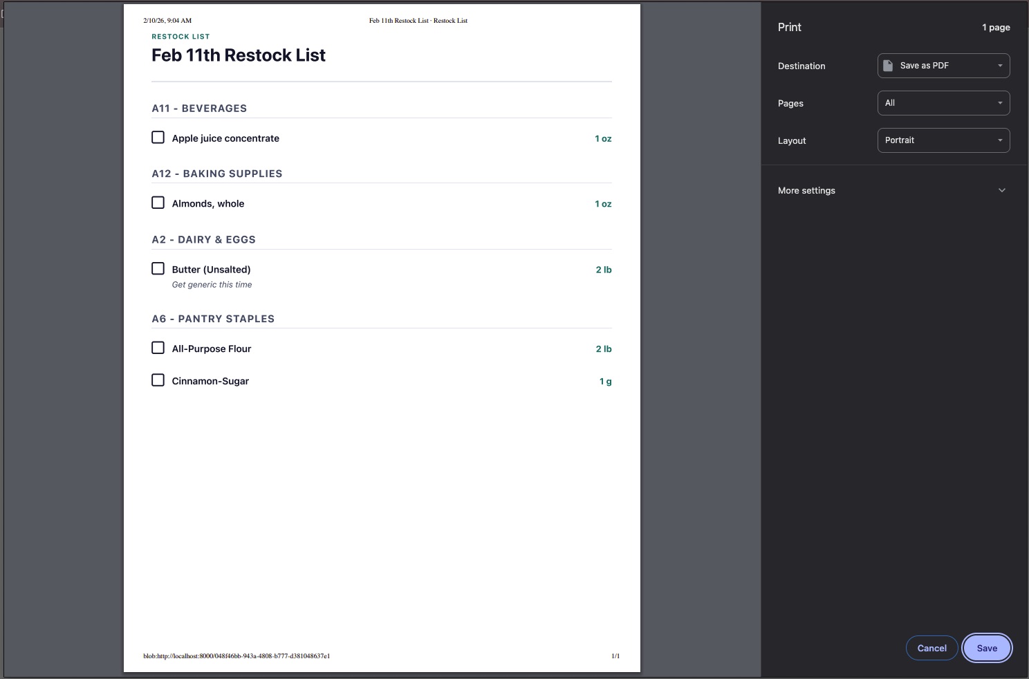 Printing a restock list